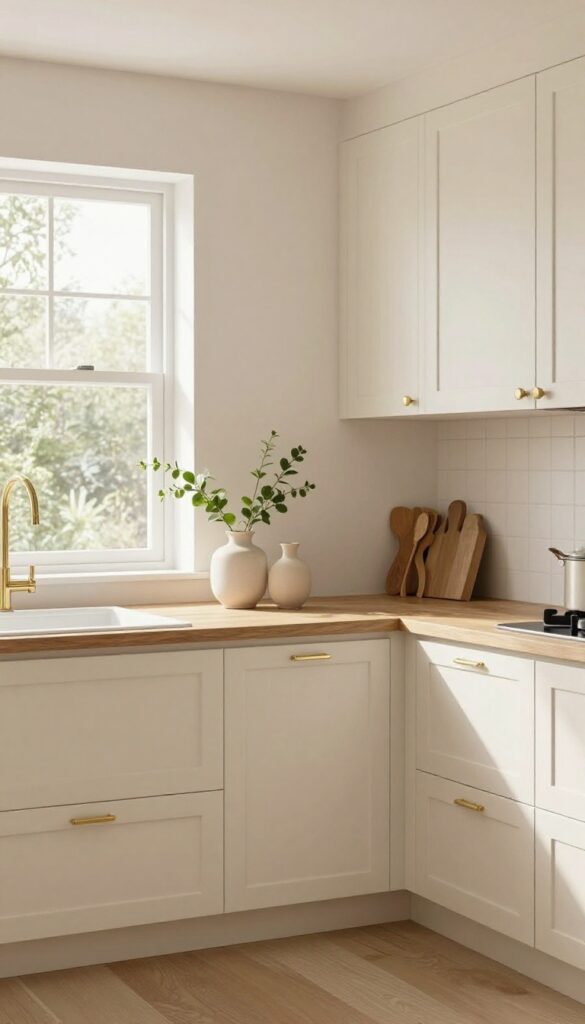 Two-tone kitchen cabinets with light cream uppers and navy lowers, brass hardware, natural light, fresh herbs on counter.