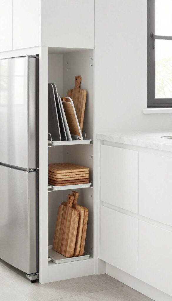 Vertical storage for trays and cutting boards in a narrow gap beside the fridge