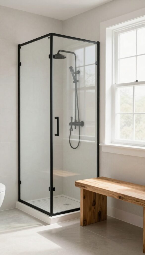 A shower enclosure blending wood and metal materials in a bright, inviting bathroom with natural textures and industrial elements