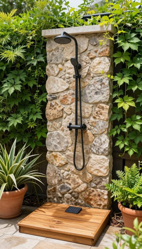 Solar-powered outdoor shower with black hoses on wood and stone, surrounded by plants in natural light.