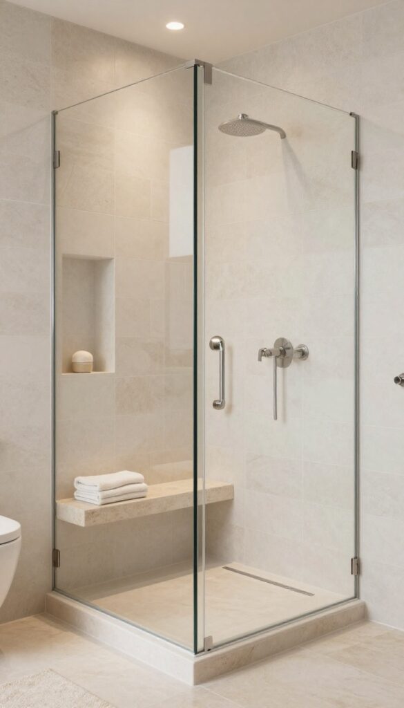 A spa-inspired curbless shower with quiet luxury details in a bathroom, showcasing soft materials, warm lighting, and thoughtful upgrades like a bench and recessed niche for a polished and calm aesthetic.