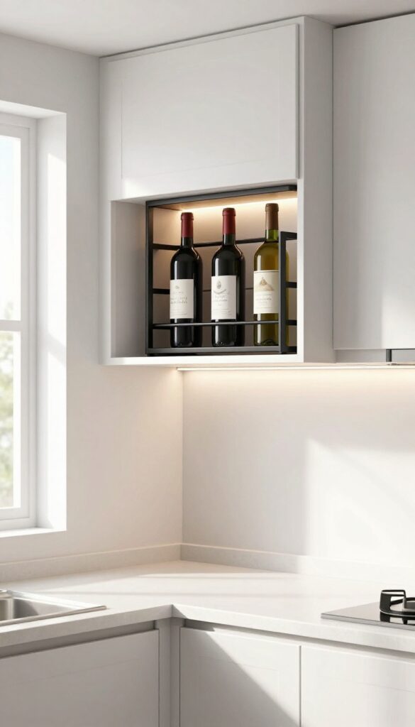 Under-cabinet wine rack in a small kitchen with warm LED lighting
