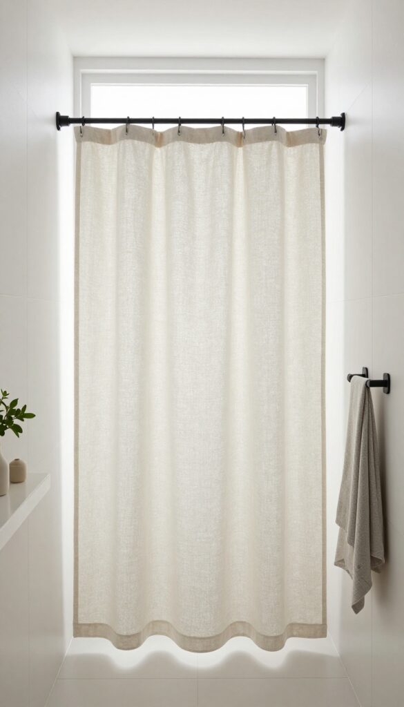 A minimalist bathroom with a matte black tension shower curtain rod and light linen curtain in bright natural light.