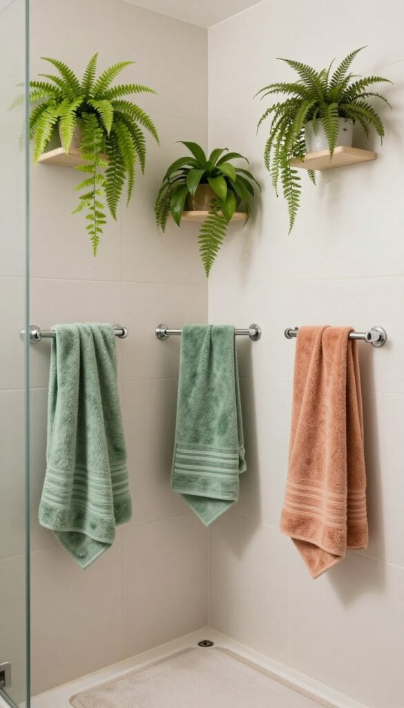 A neo angle shower with plants and textiles for softness, showing ferns and towels in earthy tones against tile and glass in natural light.