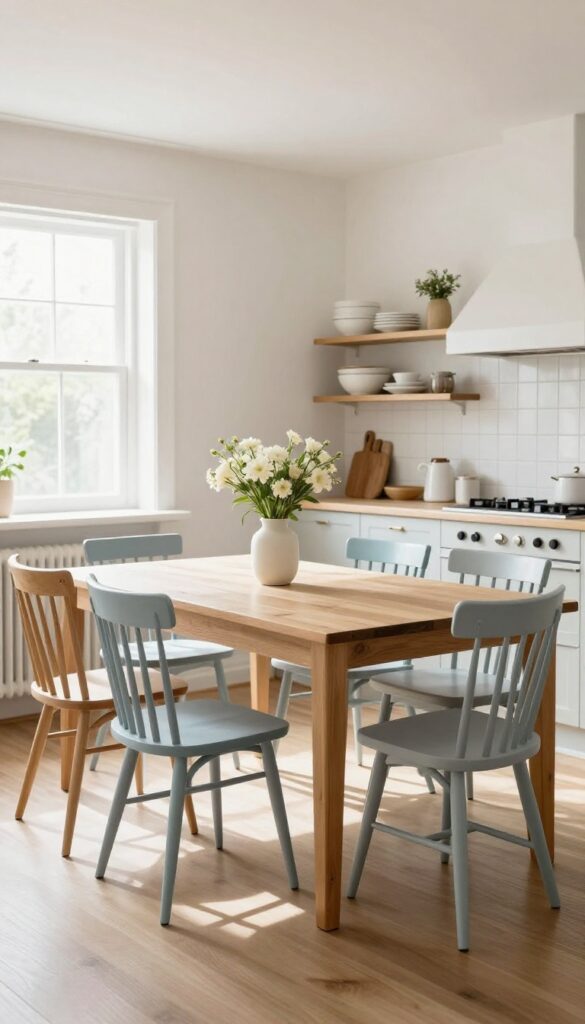 A kitchen table surrounded by mismatched chairs in coordinated soft colors, creating a charming and collected look.