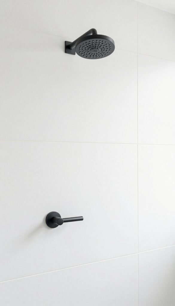 A minimalist small walk-in shower with consistent matte black fixtures and clean white tiles, showcasing intentional design in a bright, natural light setting.