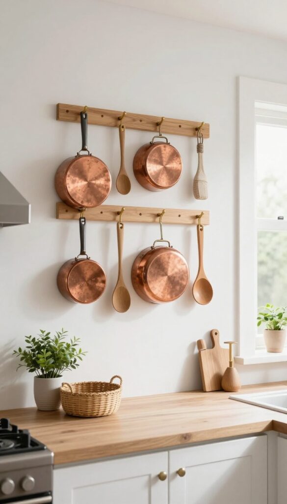 Boho kitchen with pegboard displaying copper pots and wooden utensils