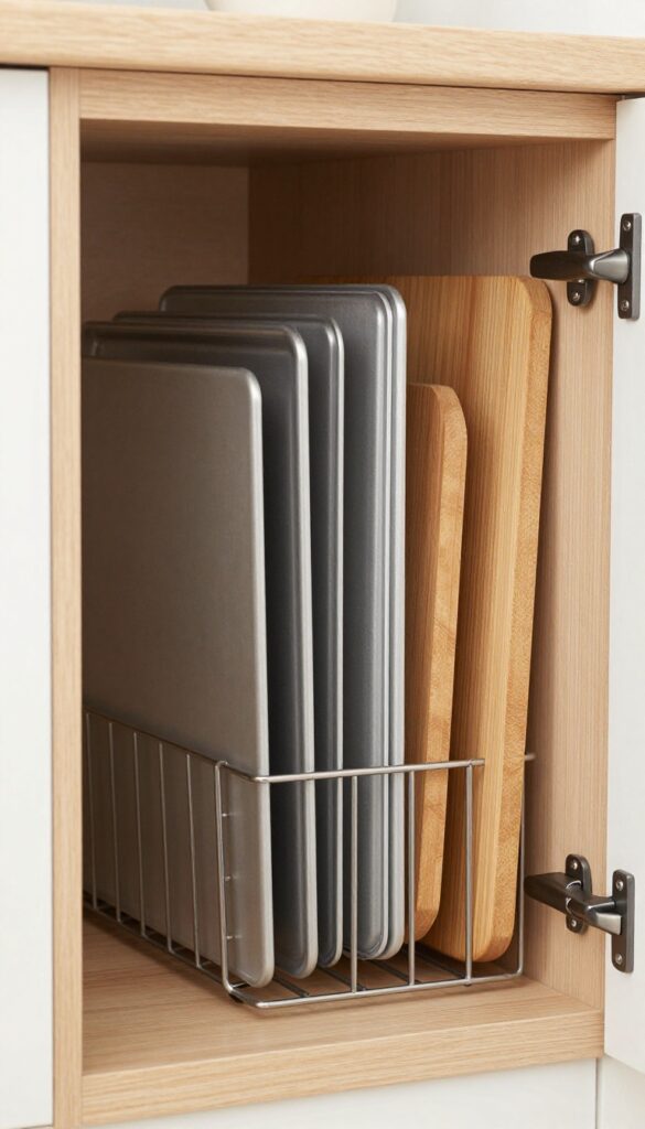 Vertical tray organizer for baking sheets in a kitchen cabinet