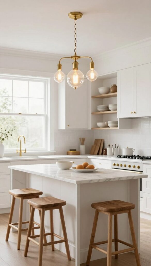 Vintage milk glass chandelier over a kitchen island with warm Edison bulbs