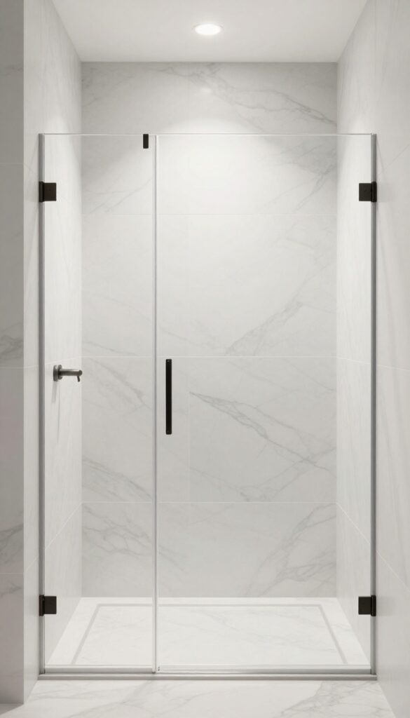 A serene walk-in shower with oversized monochrome marble tiles in bright natural light, showcasing minimalist fixtures and a clean, expansive design for a luxurious bathroom upgrade.