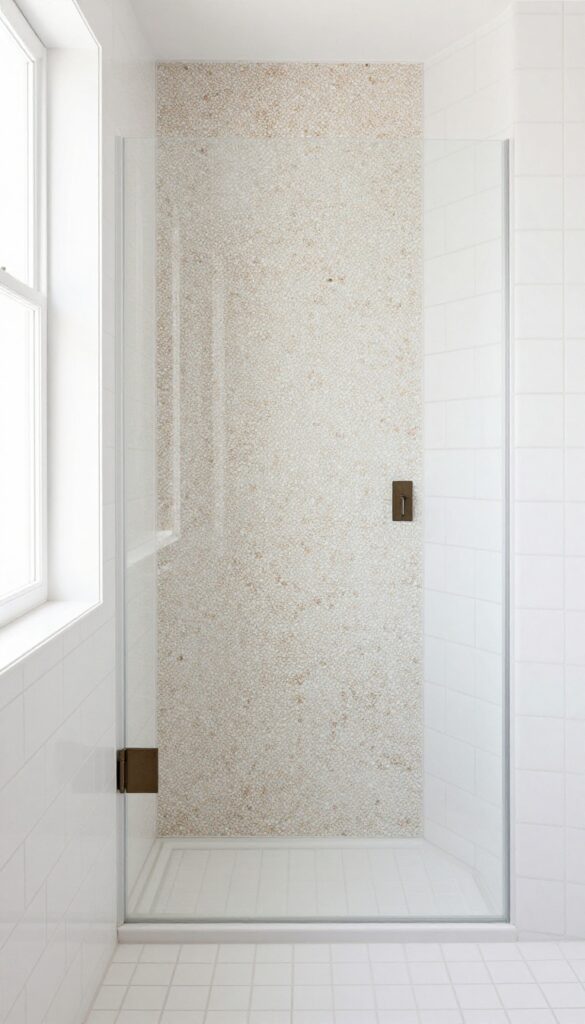 A modern white tile shower with smooth subway tiles and textured pebble mosaics in bright natural light.