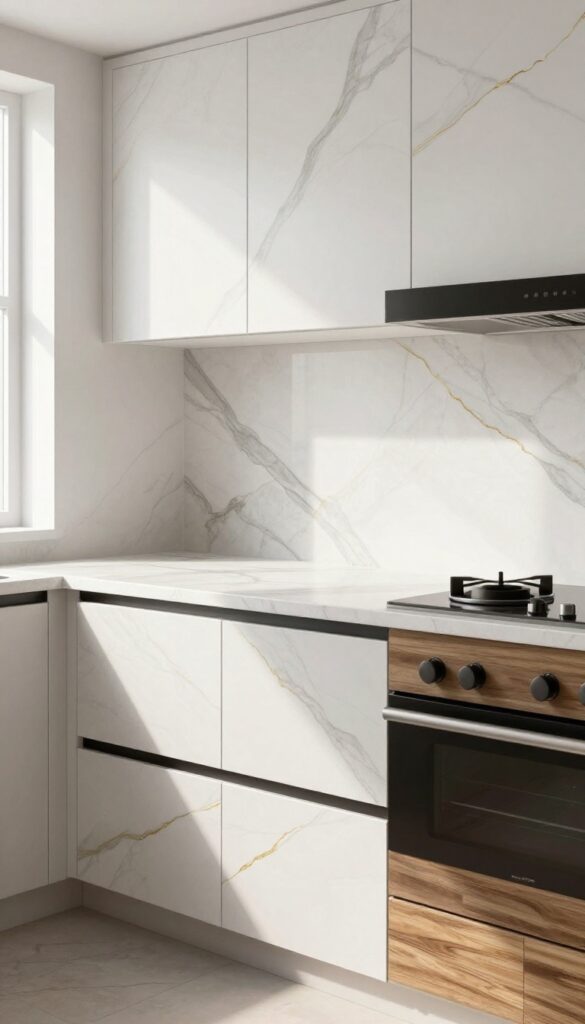 Faux marble contact paper backsplash with realistic veining in a bright modern kitchen