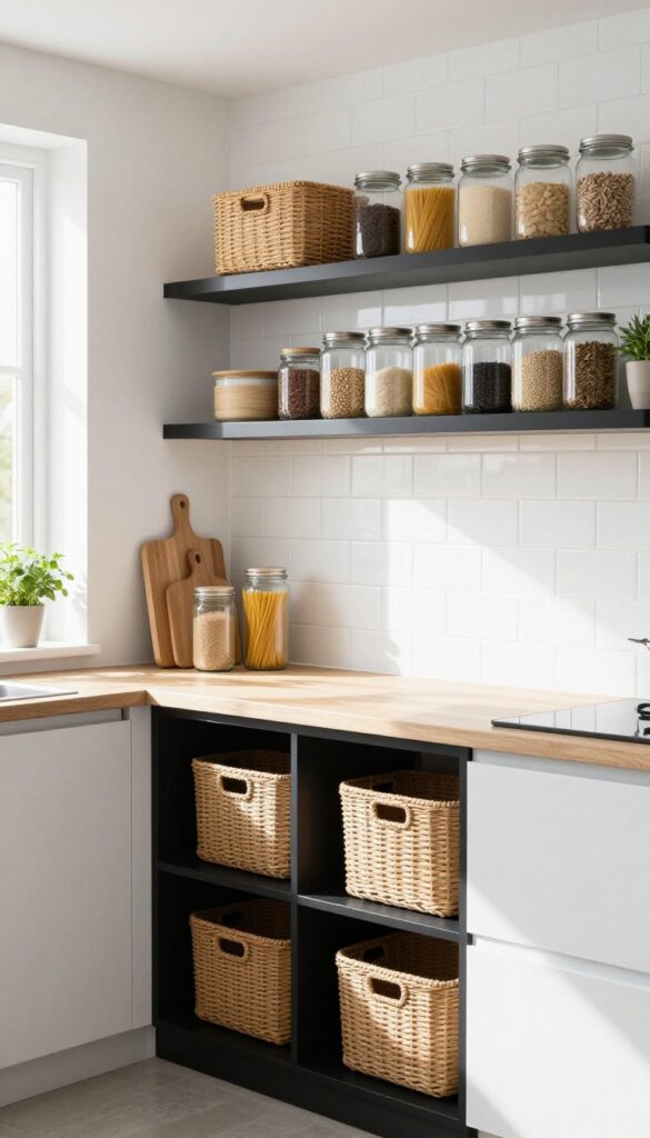 Black open shelving with baskets and jars in a bright kitchen