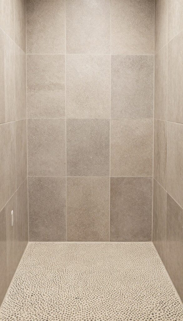 Farmhouse walk-in shower with a textured pebble or stone floor in warm earthy tones under bright natural light.