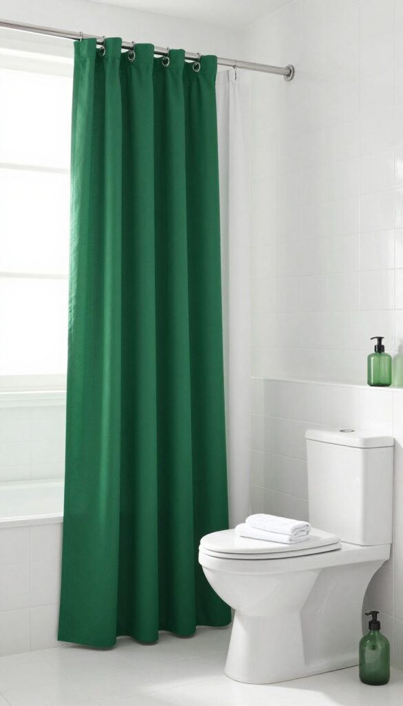 Dark green and white vertical stripe shower curtain in a small bright bathroom