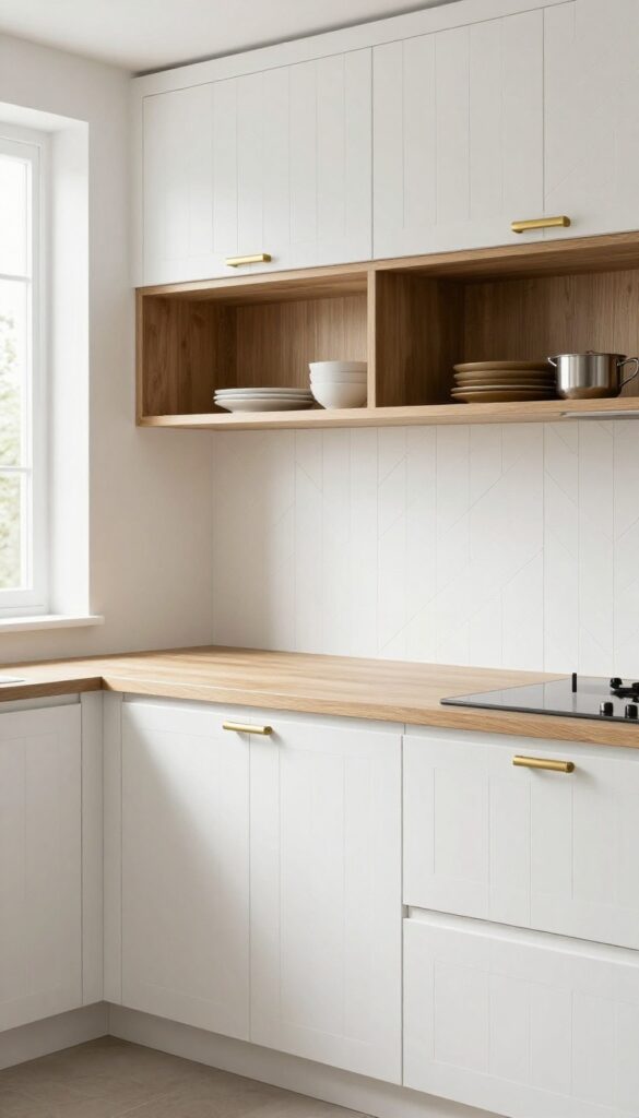 Kitchen backsplash with bead board in herringbone pattern, soft neutral paint, warm wood shelves, brushed brass hardware, bright natural light.