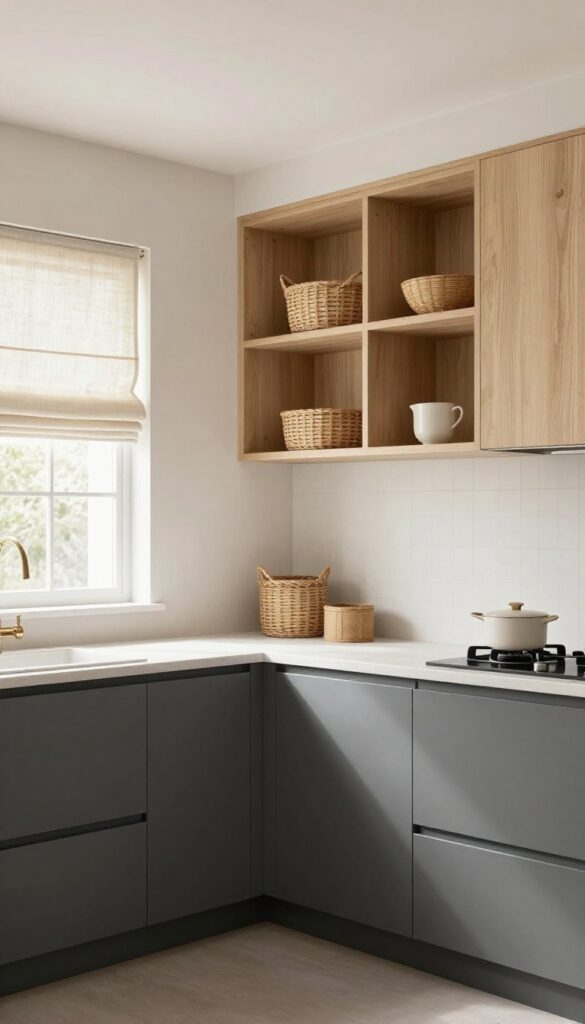 Charcoal grey lower cabinets paired with natural linen walls and open shelving in a small kitchen