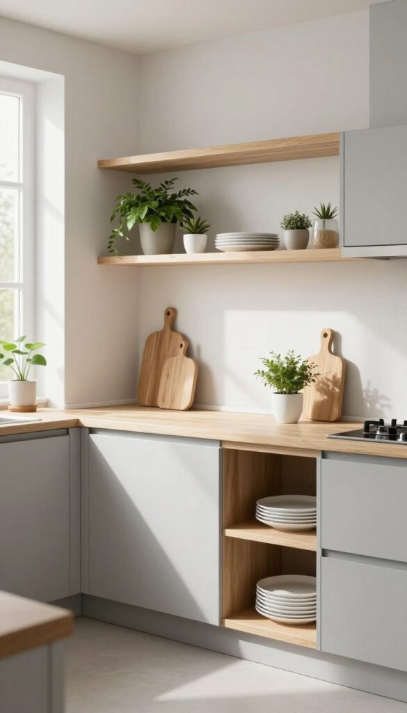 Open shelving in light gray and natural wood in a bright kitchen