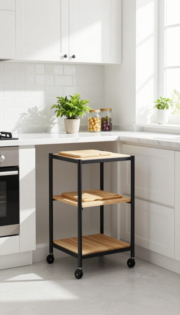 Small kitchen with a rolling cart used for extra prep and storage, featuring open shelving and natural light.