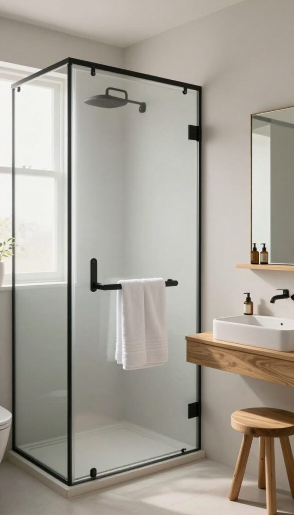 A modern bathroom with a soft gray frosted shower door and matte black hardware, featuring fluffy white towels and natural wood accents in bright natural light.
