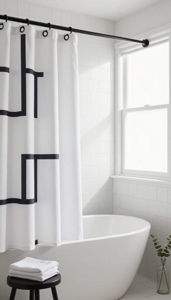 White shower curtain with bold black geometric print in bright bathroom