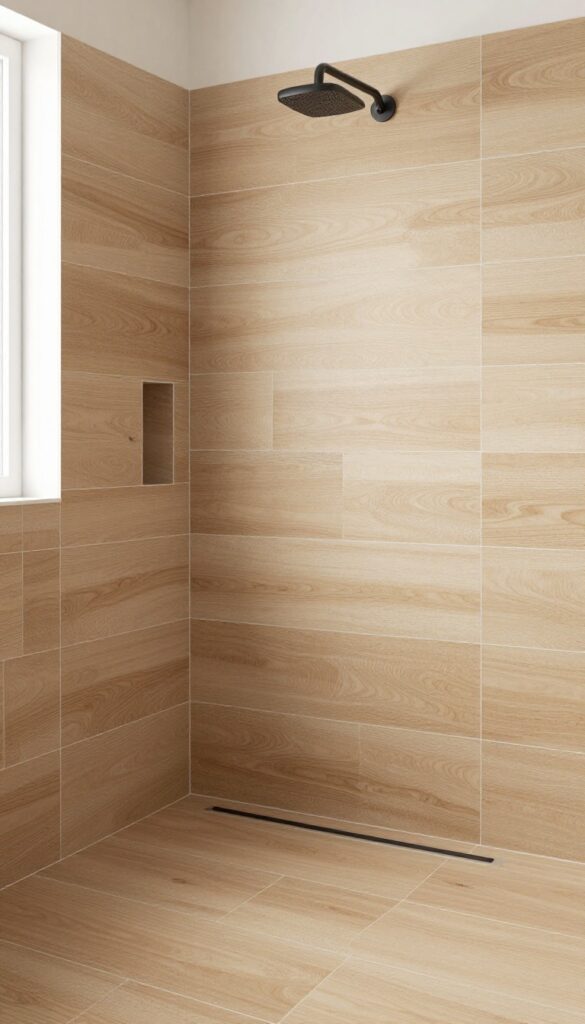 A bathroom shower with floor-to-ceiling wood-look tiles in warm tones, featuring vertical installation and matte black fixtures under bright natural light.