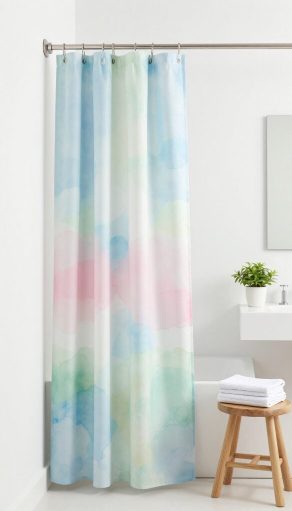 A modern bathroom with a watercolor print shower curtain in soft pastel colors, paired with brushed nickel hooks and minimal accessories like white towels and a wooden stool.