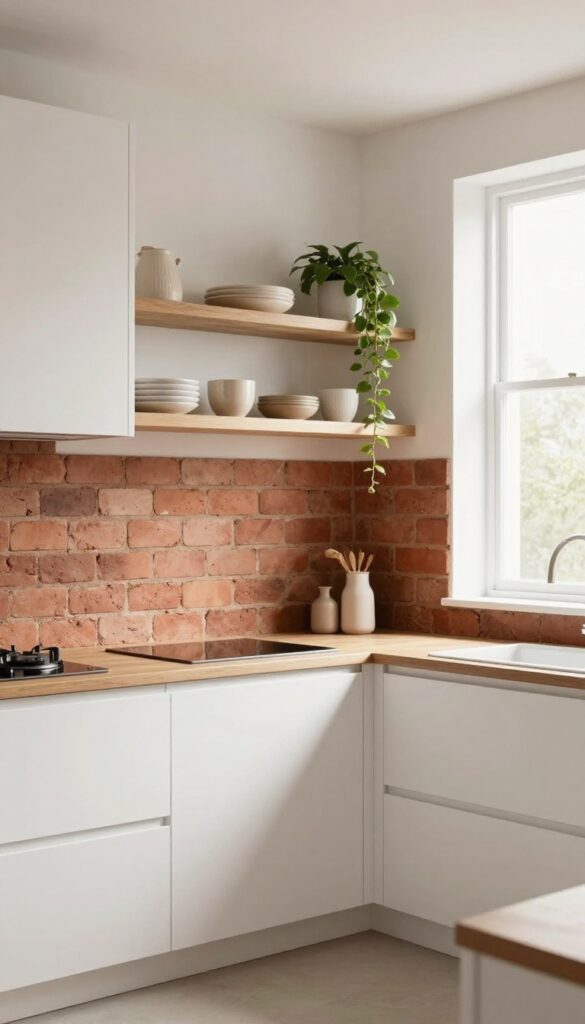 Reclaimed brick slip splashback in a modern kitchen with white cabinets and open shelving