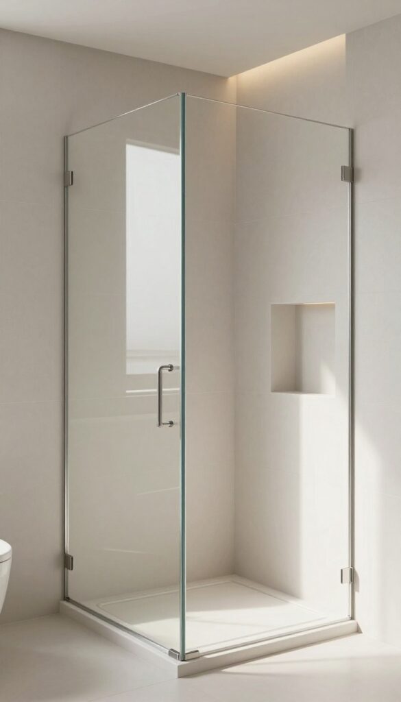 A minimalist glass panel walk-in shower in a small bathroom with neutral tiles and hidden storage under bright natural light.