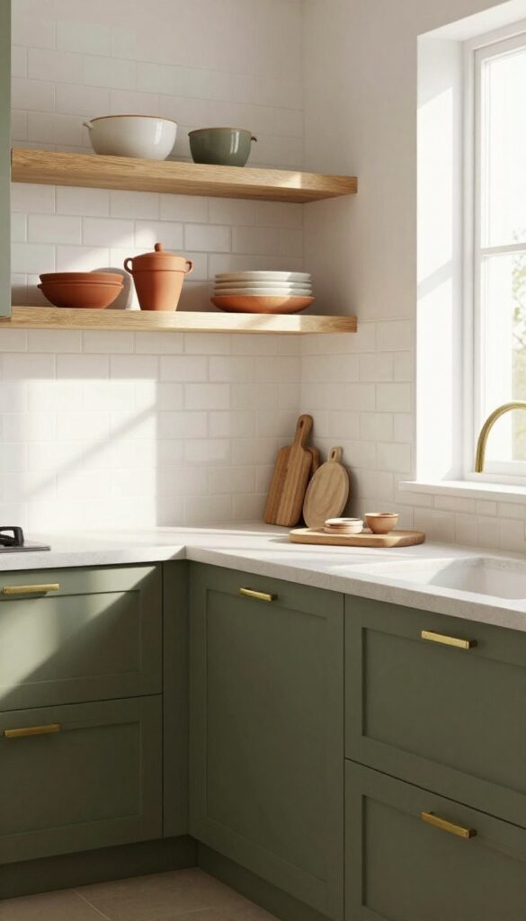 Olive green kitchen cabinets with brass hardware and natural textures