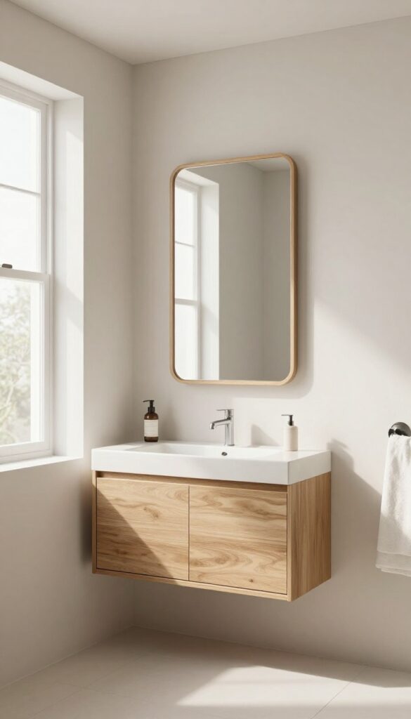 A photorealistic bathroom image featuring a statement mirror above a sink in a quadrant shower room, enhancing light and elegance with natural illumination and clean decor.