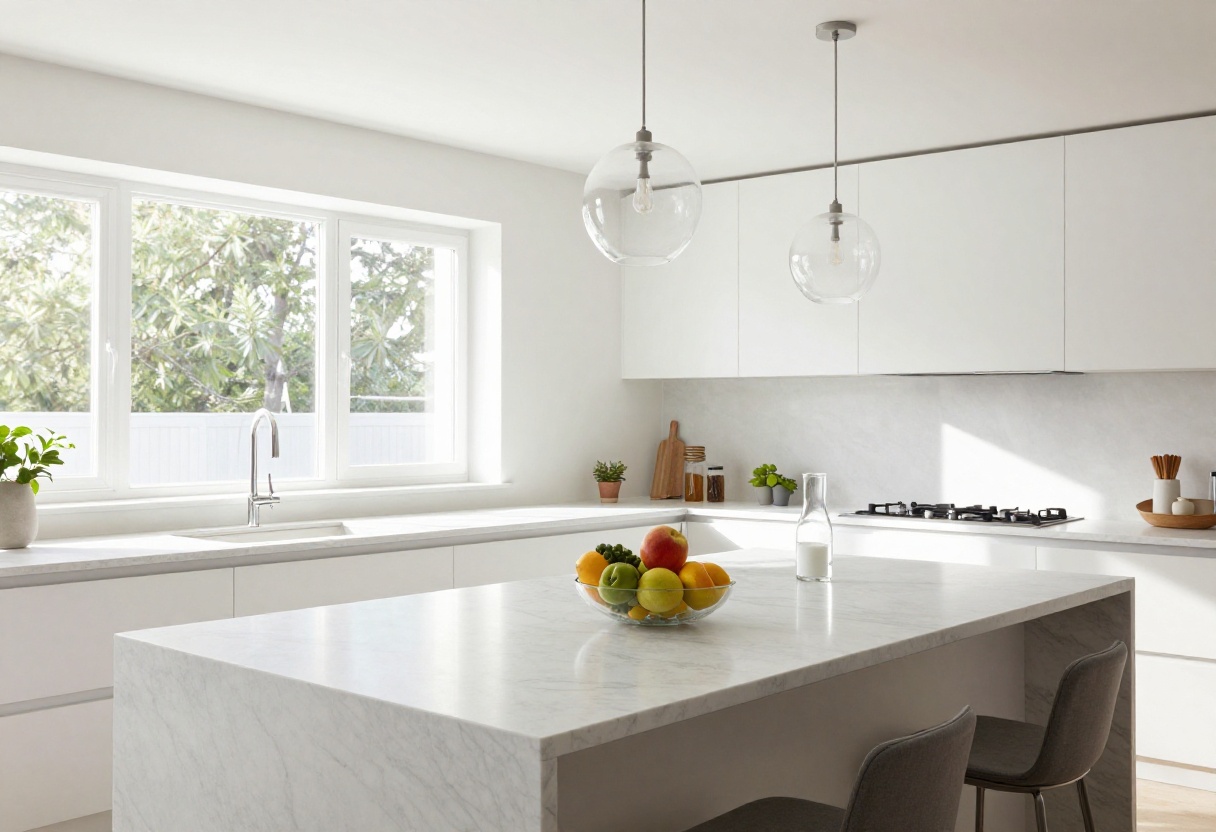 Modern kitchen island with three clear glass pendant lights over a white marble countertop