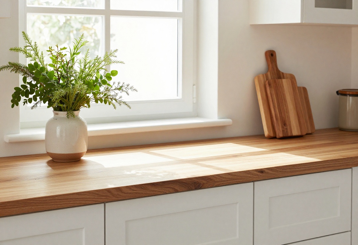 Bright kitchen with butcher block countertop, fresh herbs, and natural light