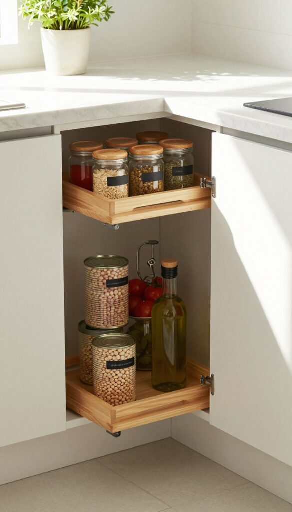Open corner cabinet with a tiered lazy Susan organizing spices and canned goods