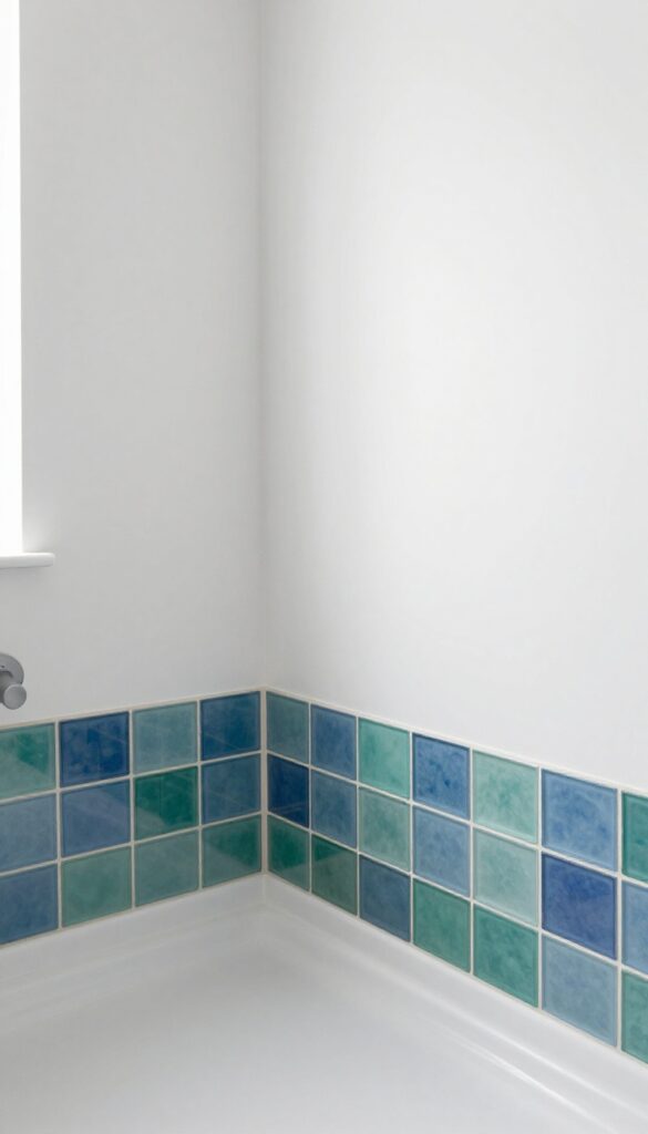 Colorful glass tile accent border in a neutral bathroom with blue and green shades, brightening the space with natural light reflection.