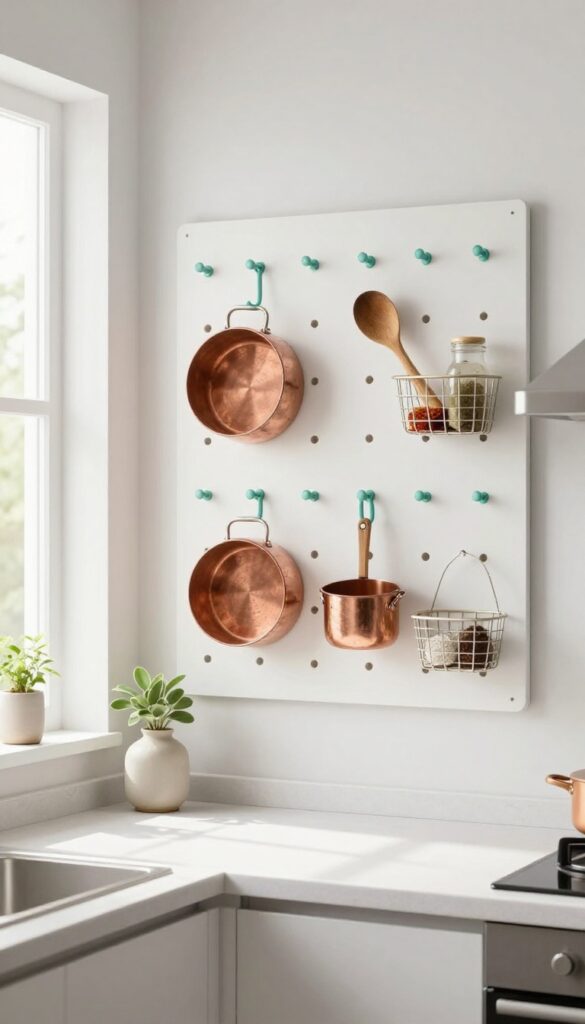 Small kitchen with a teal and white pegboard holding pots and utensils, clean and organized.