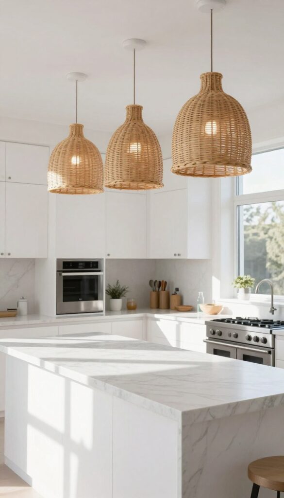 Three woven rattan pendant lights hanging above a kitchen island in a bright, modern kitchen.