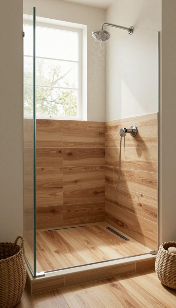 Close-up of wood-look porcelain tiles on a bathroom shower floor, showcasing warm rustic texture and durability in a clean, naturally lit setting with simple fixtures and natural decor accents.