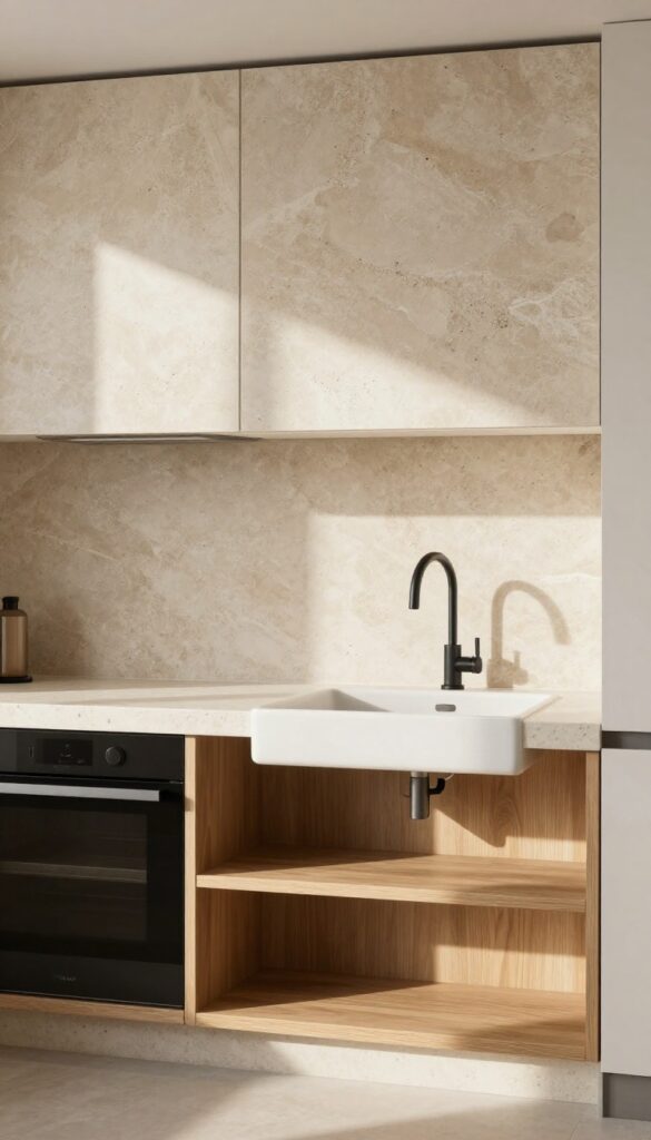 Beige kitchen with textured travertine backsplash, warm wood shelves, and matte black fixtures.