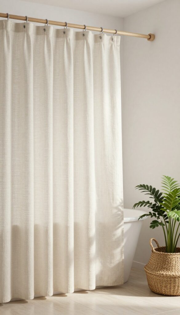 Textured linen shower curtain in a serene bathroom setting with natural light and minimalist decor