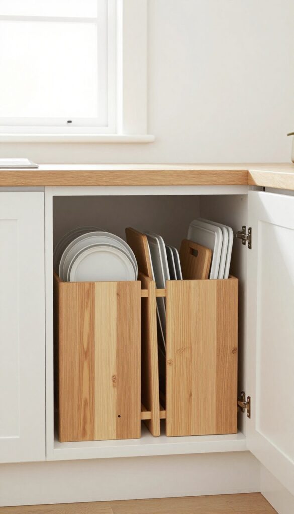 Open kitchen cabinet with vertical dividers organizing baking sheets and cutting boards upright.