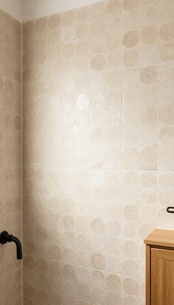 Beige penny round tiles on a bathroom shower wall creating a retro-chic vibe with natural light highlighting the texture.