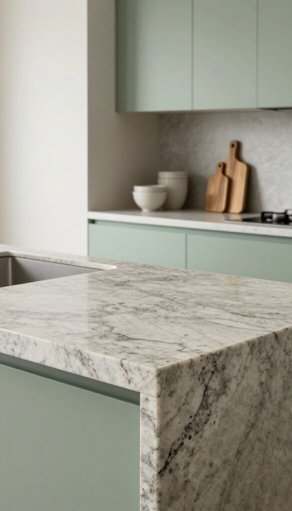 Kitchen with stone countertop featuring natural veining and movement, paired with matte cabinetry and open shelving.