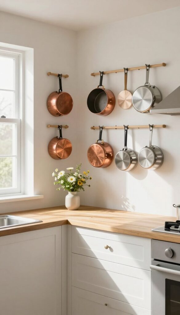A pegboard wall in a country kitchen holding pots and pans, with natural light and a clean, organized look.