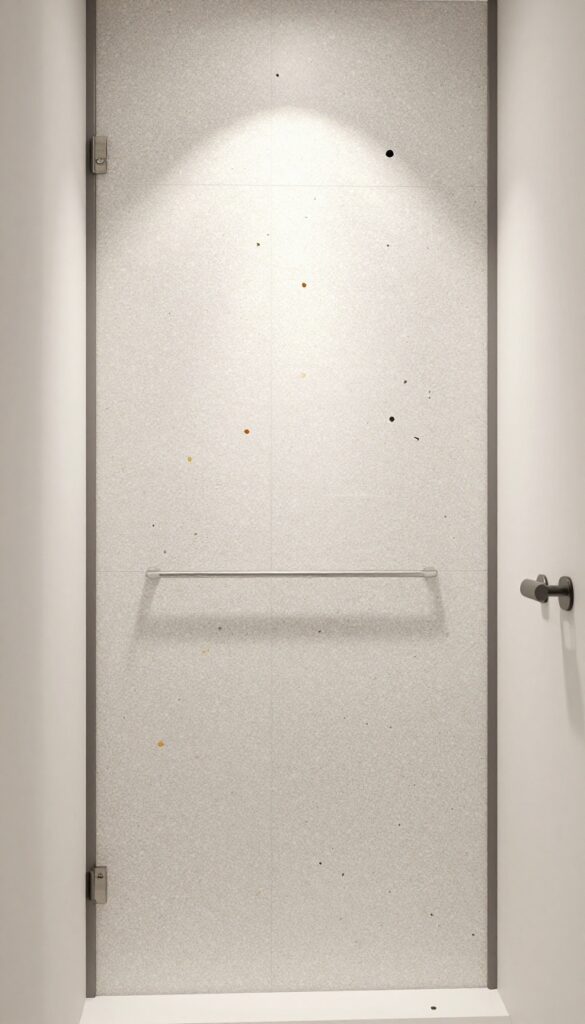 A shower with terrazzo-inspired speckled tiles in a bright bathroom setting