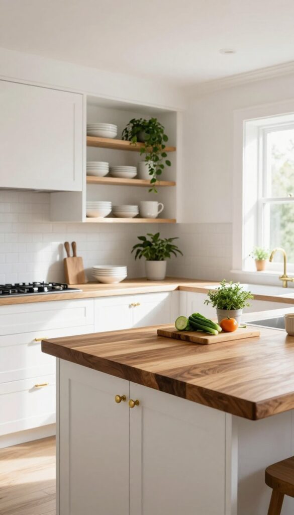 Bright kitchen with white cabinets and butcher block island countertop