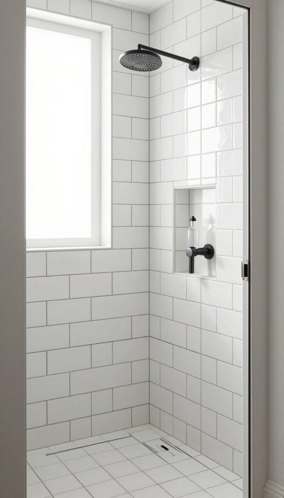 Bright small shower with floor-to-ceiling white subway tile, dark grout, matte black showerhead, and recessed niche.