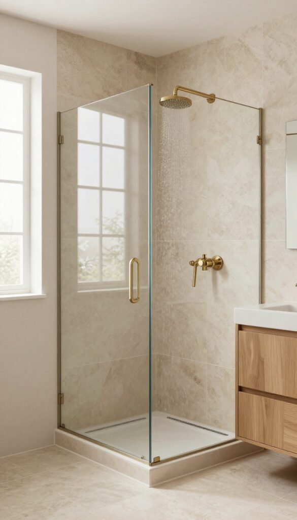 A curbless shower in warm neutral stone-look finishes with seamless tile and natural light in a polished bathroom.