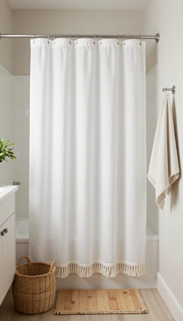 A boho-inspired bathroom with a white shower curtain trimmed in macramé, showcasing subtle texture and natural decor elements in bright light.