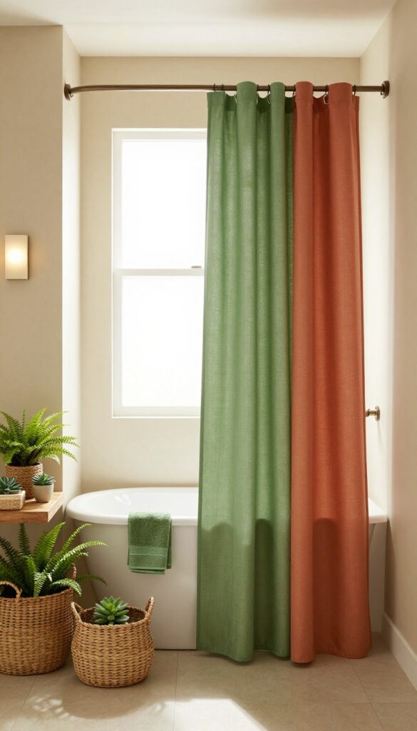 A bathroom with a curved bronze shower curtain rod and earthy-toned curtains in moss green and terracotta, complemented by natural decor like plants and woven baskets for a peaceful, nature-inspired vibe.